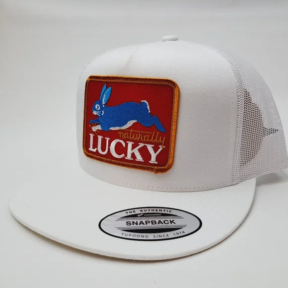 Naturally Lucky Embroidered Patch Flat Bill Trucker Mesh Snapback White