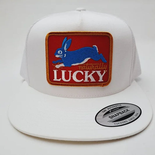 Naturally Lucky Embroidered Patch Flat Bill Trucker Mesh Snapback White