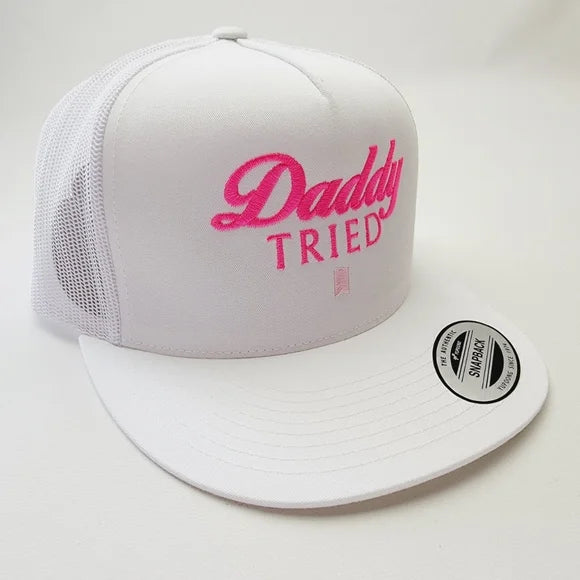 Daddy Tried Trucker Mesh Snapback White Pink Text