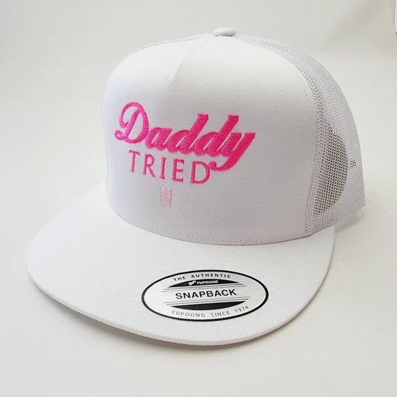 Daddy Tried Trucker Mesh Snapback White Pink Text