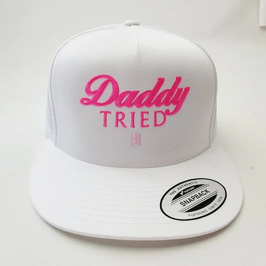 Daddy Tried Trucker Mesh Snapback White Pink Text