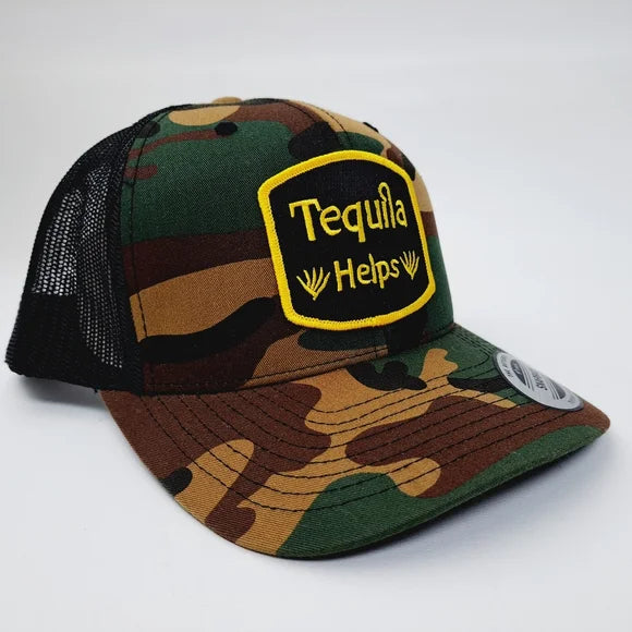 Tequila Helps Embroidered Patch Mesh Snapback Trucker Hat Camouflage