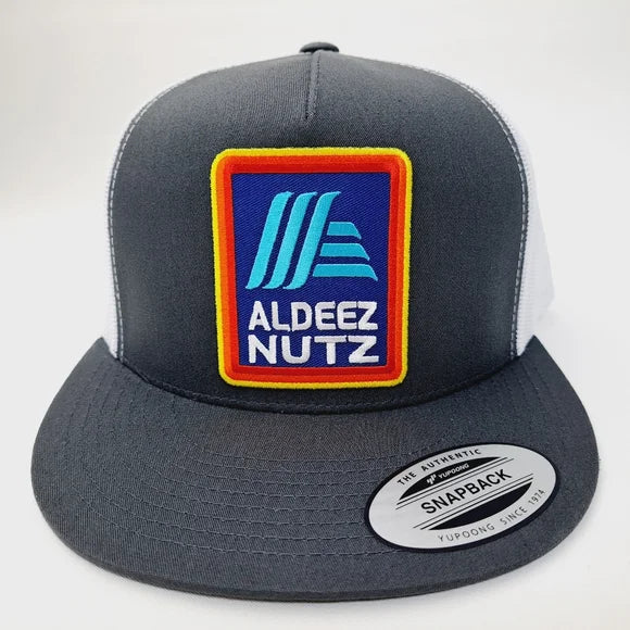 Aldeez Nutz Patch Flat Bill Trucker Mesh Snapback Cap Gray White Adult Humor