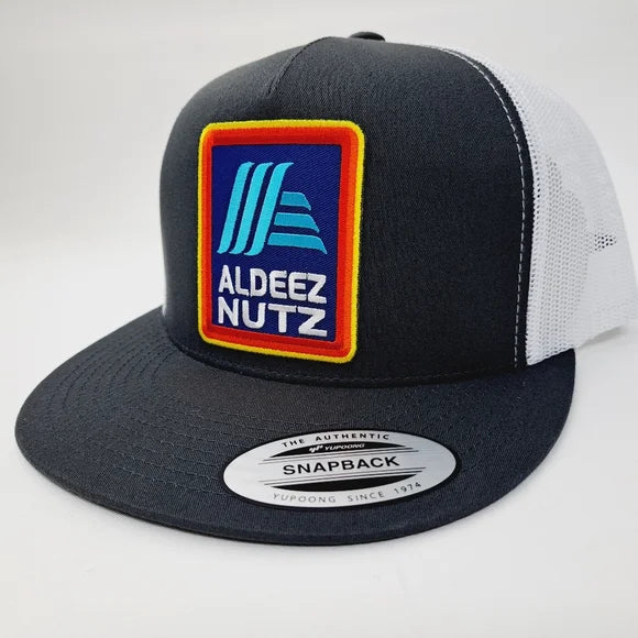 Aldeez Nutz Patch Flat Bill Trucker Mesh Snapback Cap Gray White Adult Humor