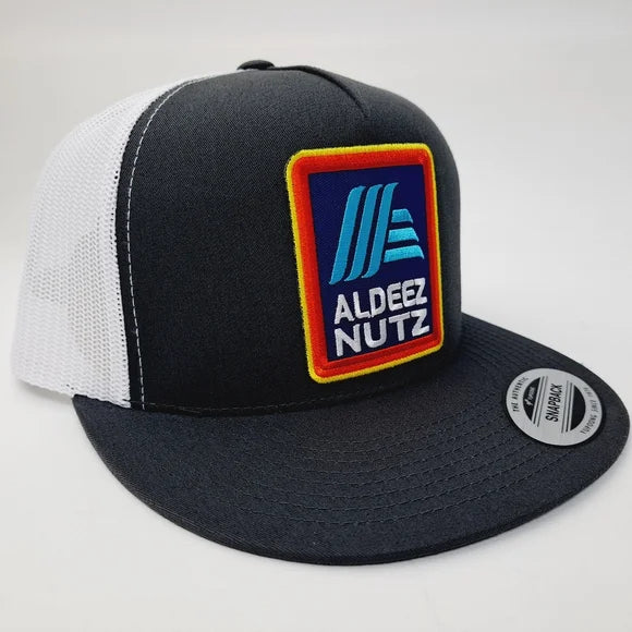 Aldeez Nutz Patch Flat Bill Trucker Mesh Snapback Cap Gray White Adult Humor