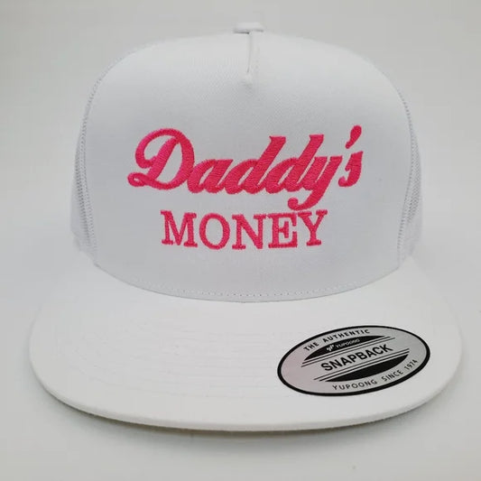 Daddy's Money Flat Bill Trucker Mesh Snapback Cap Hat White Embroidered