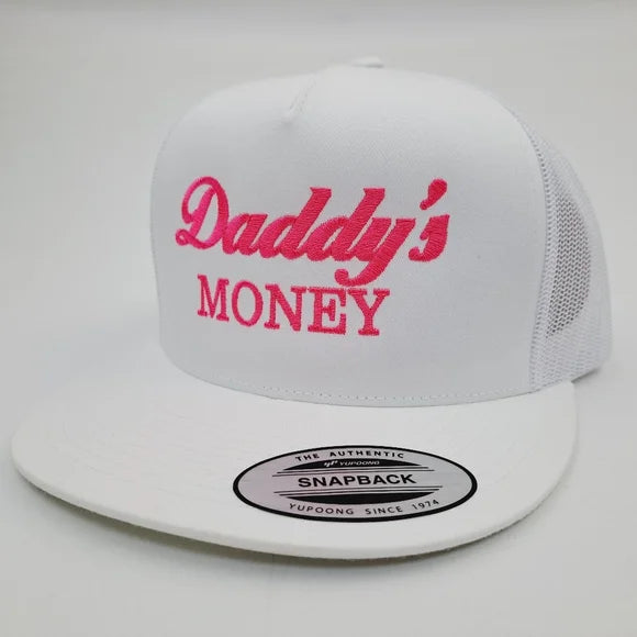 Daddy's Money Flat Bill Trucker Mesh Snapback Cap Hat White Embroidered