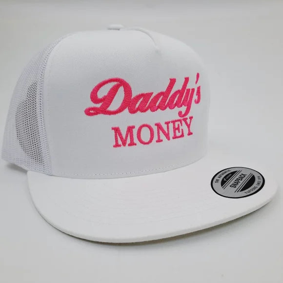 Daddy's Money Flat Bill Trucker Mesh Snapback Cap Hat White Embroidered