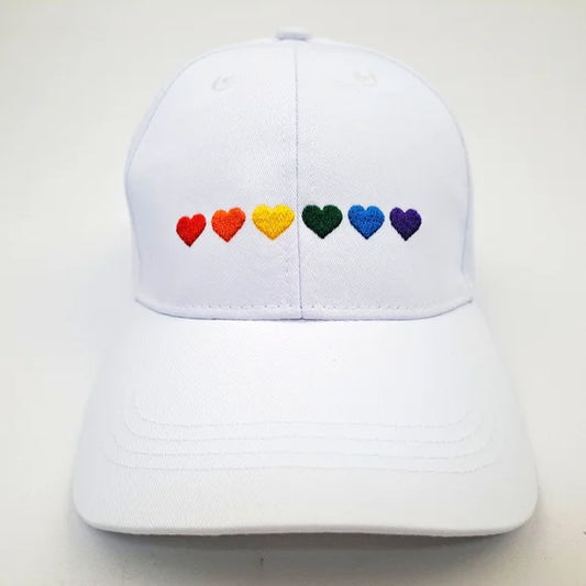 Gay Pride Rainbow Hearts Cap Hat Relaxed Cotton White