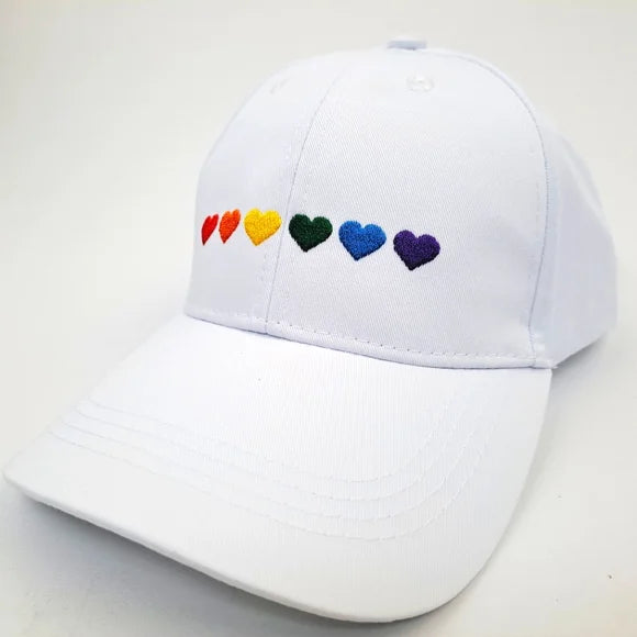 Gay Pride Rainbow Hearts Cap Hat Relaxed Cotton White