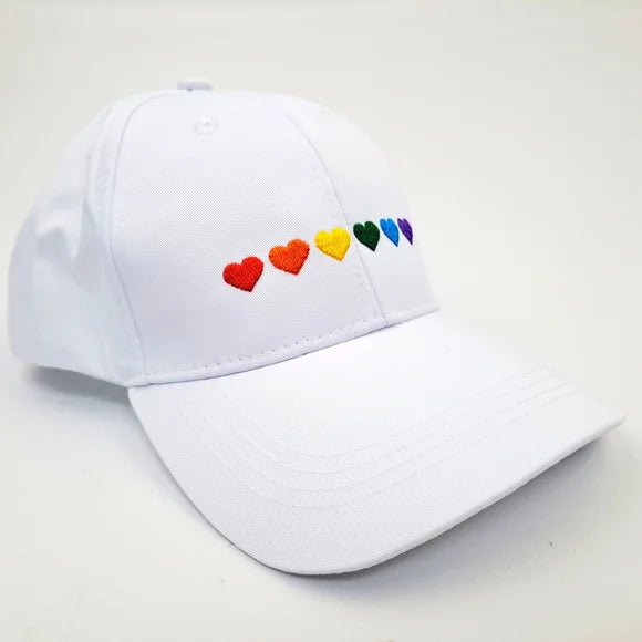 Gay Pride Rainbow Hearts Cap Hat Relaxed Cotton White