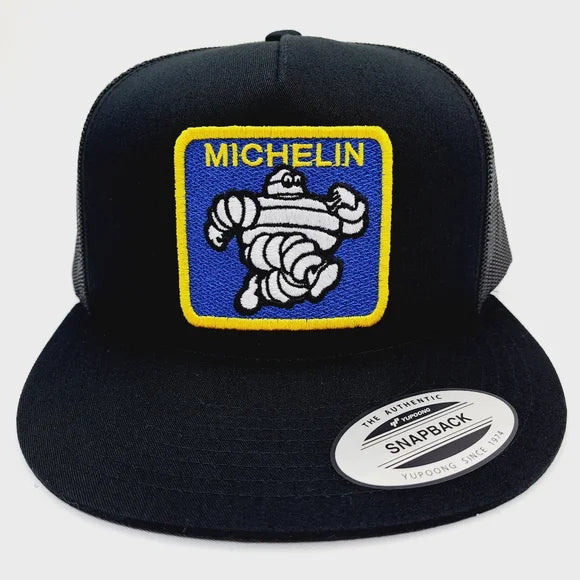 Michelin Man Embroidered Patch Flat Bill Trucker Mesh Snapback Cap Hat Black