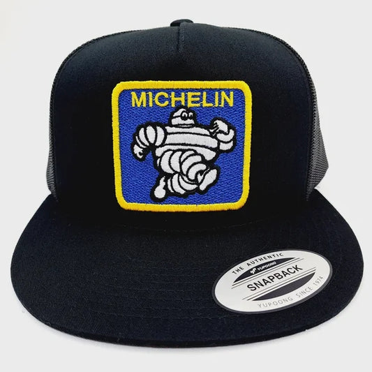 Michelin Man Embroidered Patch Flat Bill Trucker Mesh Snapback Cap Hat Black
