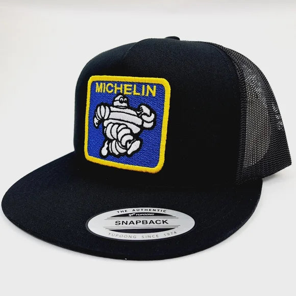 Michelin Man Embroidered Patch Flat Bill Trucker Mesh Snapback Cap Hat Black