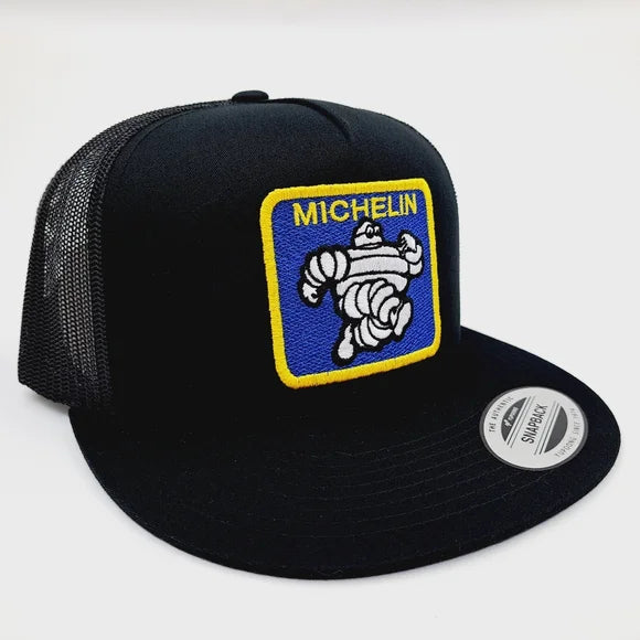 Michelin Man Embroidered Patch Flat Bill Trucker Mesh Snapback Cap Hat Black