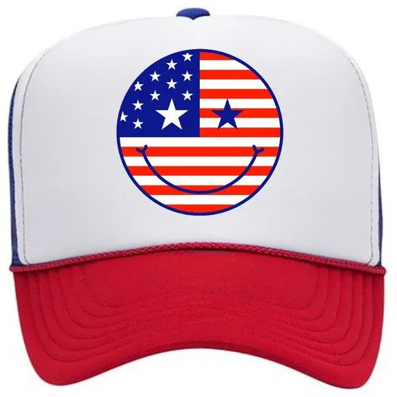 Smiley Face American Flag Patriotism Foam Trucker Mesh Snapback Cap Hat Red