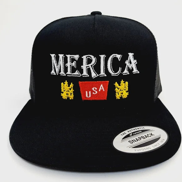 Merica Embroidered Flat Bill Trucker Mesh Snapback Cap