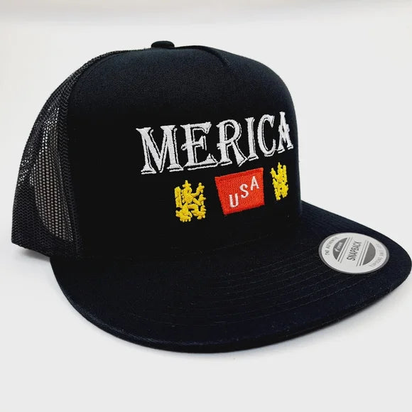 Merica Embroidered Flat Bill Trucker Mesh Snapback Cap