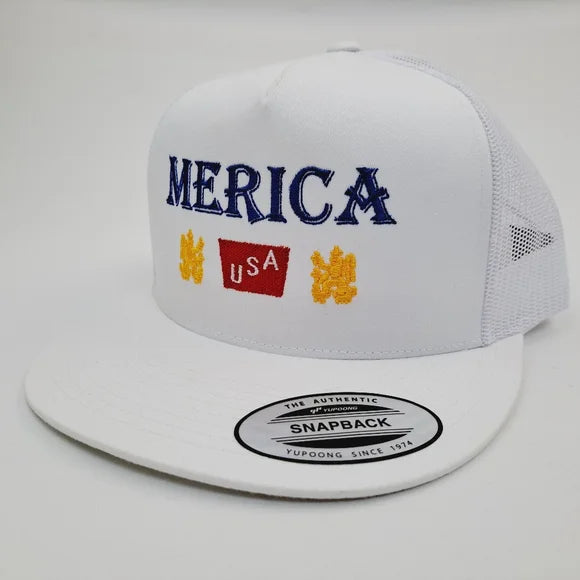 Merica Embroidered Flat Bill Trucker Mesh Snapback Cap