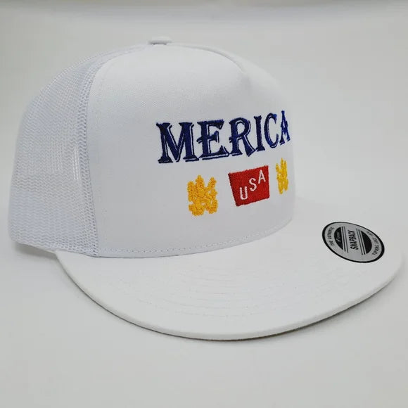 Merica Embroidered Flat Bill Trucker Mesh Snapback Cap