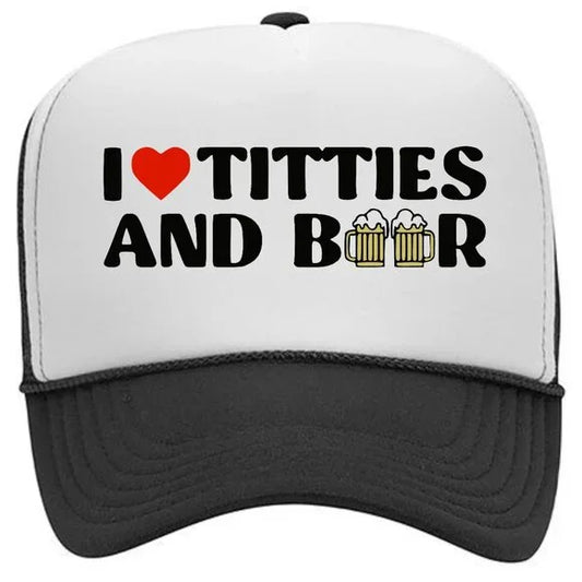 I Love Titties and Beer Gift Foam Trucker Mesh Snapback Cap Hat Black Gift