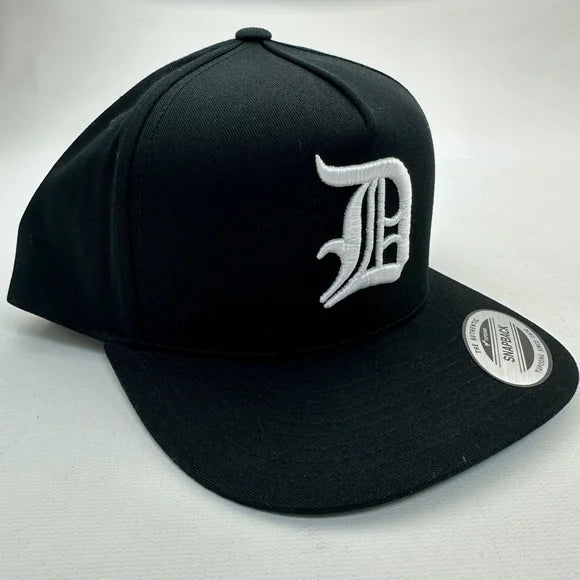 D Old English Puff Embroidered Flat Bill Snapback Cap Hat Black