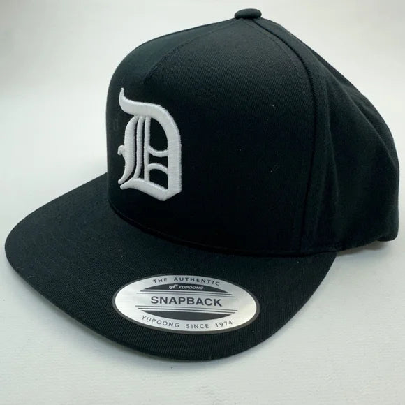 D Old English Puff Embroidered Flat Bill Snapback Cap Hat Black