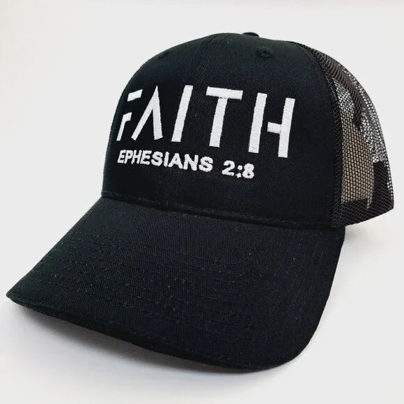 FAITH Jesus Christ Embroidered Curved Bill Mesh Snapback Hat Black Trucker