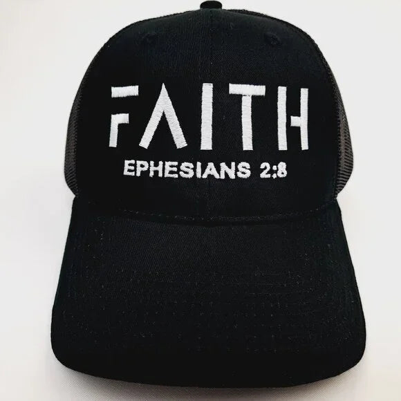 FAITH Jesus Christ Embroidered Curved Bill Mesh Snapback Hat Black Trucker