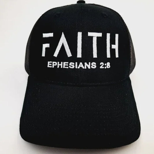 FAITH Jesus Christ Embroidered Curved Bill Mesh Snapback Hat Black Trucker