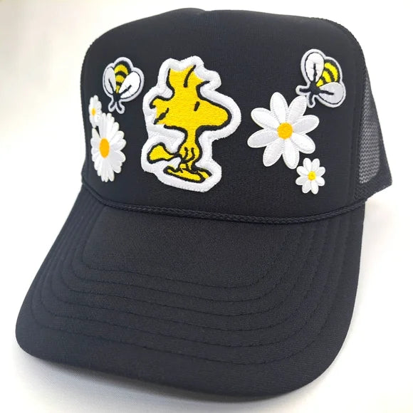 Cute embroidered Patch Foam Trucker Mesh Snapback Cap Hat Black