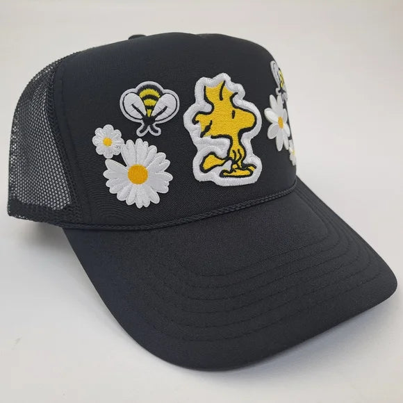 Cute embroidered Patch Foam Trucker Mesh Snapback Cap Hat Black