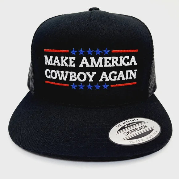 Make America Cowboy Again Flat Bill Trucker Mesh Snapback Cap Hat Black