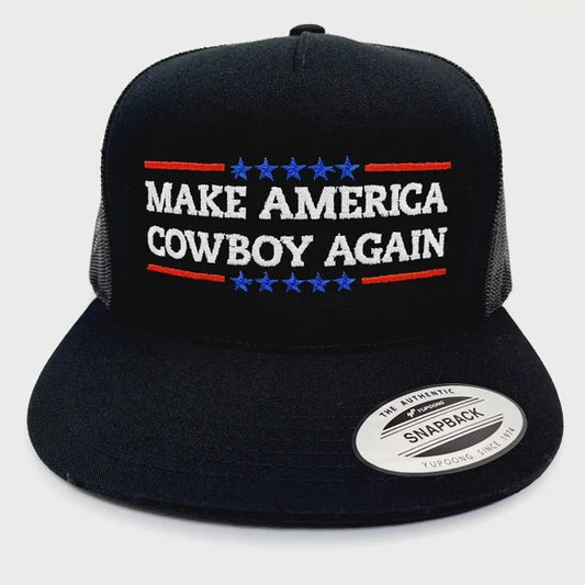 Make America Cowboy Again Flat Bill Trucker Mesh Snapback Cap Hat Black