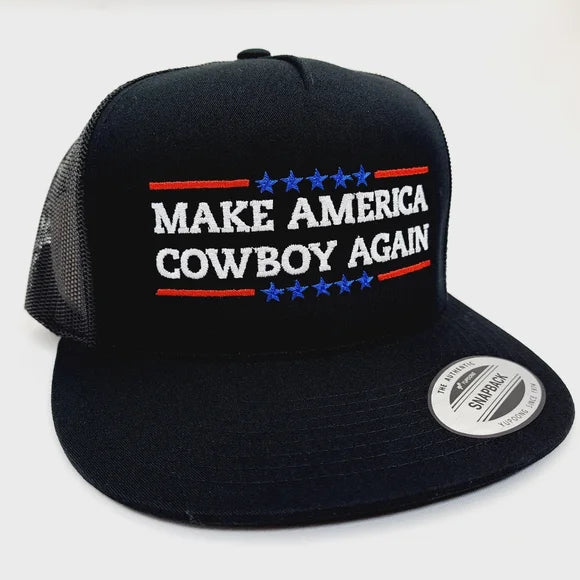 Make America Cowboy Again Flat Bill Trucker Mesh Snapback Cap Hat Black