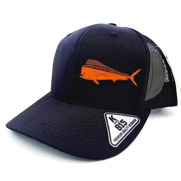 Mahi Dorado Fishing Leather Patch Trucker Mesh Snapback Black