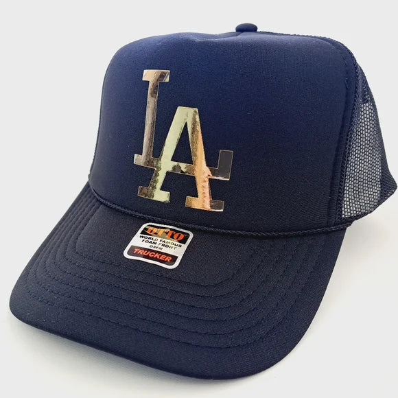 Los Angeles LA Foam Trucker Mesh Snapback Cap Hat Black Gold HTV