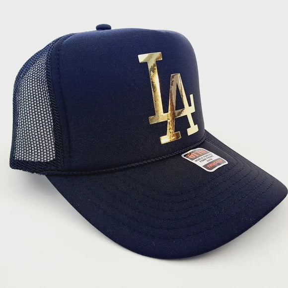 Los Angeles LA Foam Trucker Mesh Snapback Cap Hat Black Gold HTV