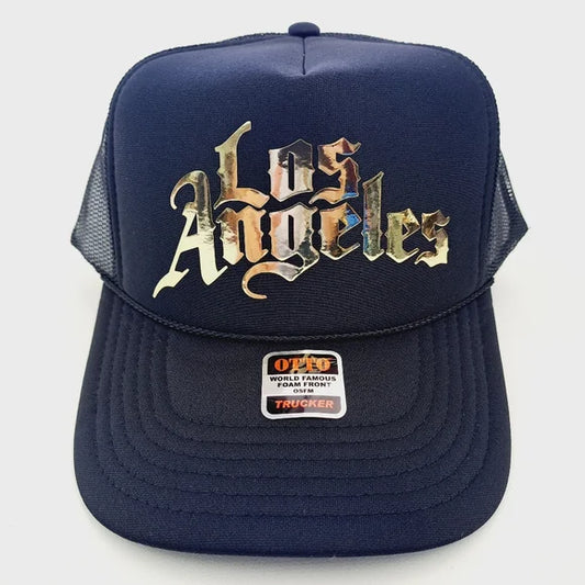 Los Angeles LA Foam Trucker Mesh Snapback Cap Hat Black Gold HTV