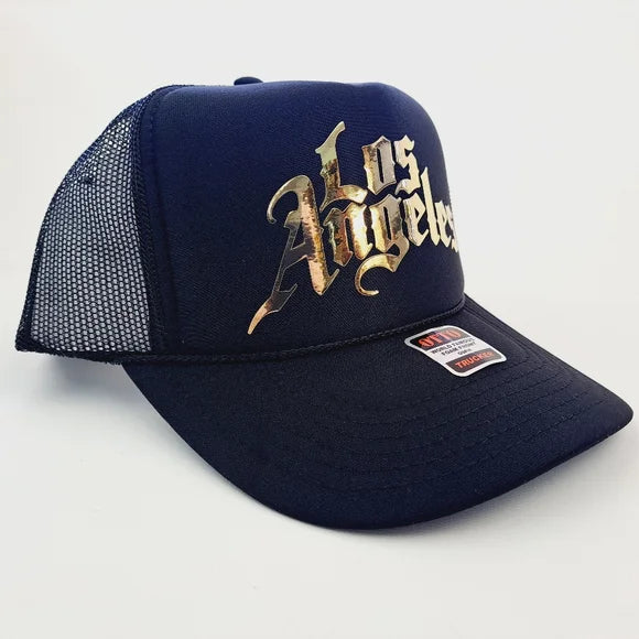 Los Angeles LA Foam Trucker Mesh Snapback Cap Hat Black Gold HTV