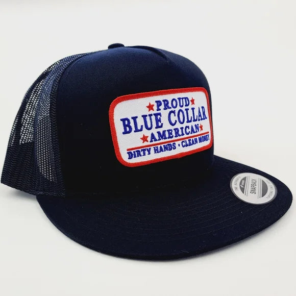 Blue Collar Flat Bill Trucker Mesh Snapback Black High Crown