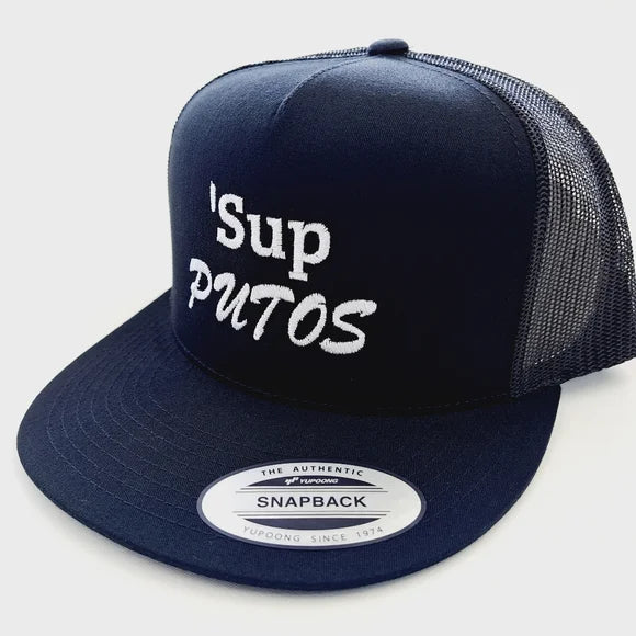 Sup Putos Embroidered Flat Bill Trucker Mesh Snapback Cap Hat Black