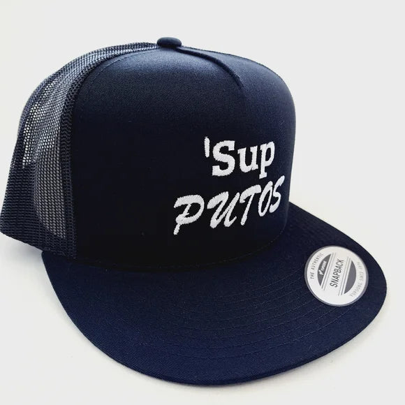 Sup Putos Embroidered Flat Bill Trucker Mesh Snapback Cap Hat Black
