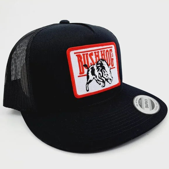 Bush Hog Embroidered Patch Flat Bill Trucker Mesh Snapback Cap Hat Black