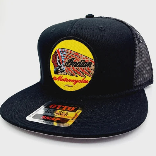 Indian Motorcycles Embroider Patch Flat Bill Trucker Mesh Snapback Cap Hat Black