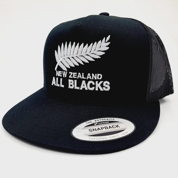 New Zealand All Blacks Flat Bill Mesh Snapback Hat Cap Black Embroidered
