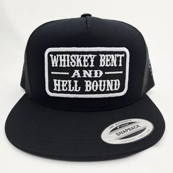Whiskey Bent And Hell Bound Flat Bill Trucker Mesh Snapback Cap Black