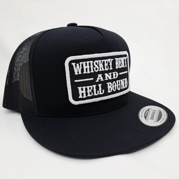 Whiskey Bent And Hell Bound Flat Bill Trucker Mesh Snapback Cap Black