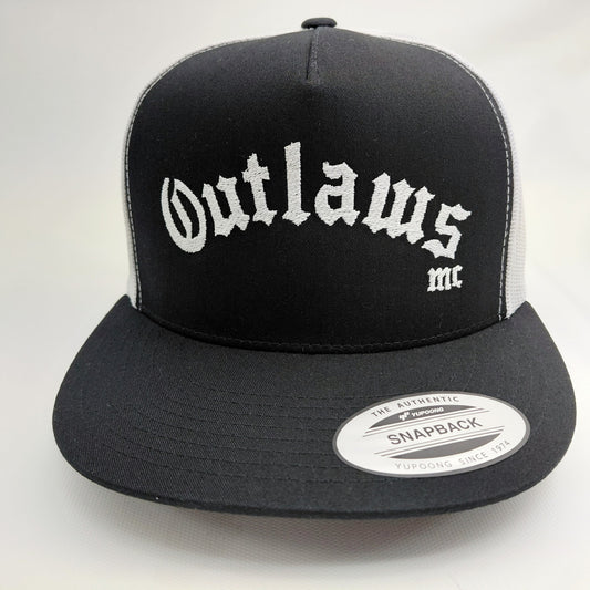 Outlaws MC black and white embroidered snapback trucker hat front view