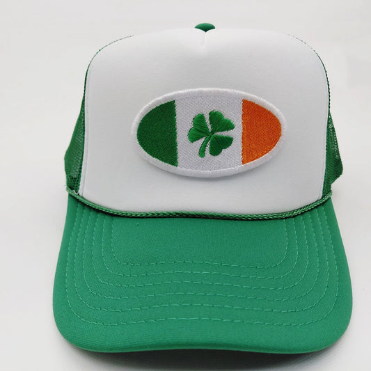 St. Patrick's Day Embroidered Clover Patch Mesh Snapback Green/White